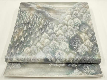 平和屋着物▼六通柄袋帯 奥嵯峨 遠山樹林文 金銀糸 正絹 逸品 AABI3683wj