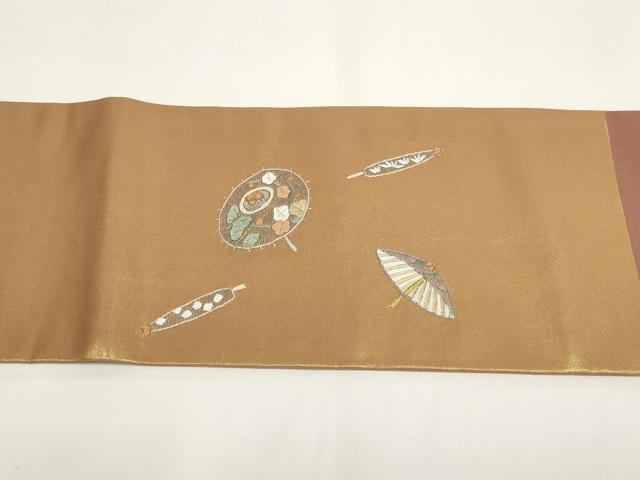 平和屋着物▼総刺繍 九寸名古屋帯 番傘 松竹梅 金糸 正絹 逸品 AABI3688wj