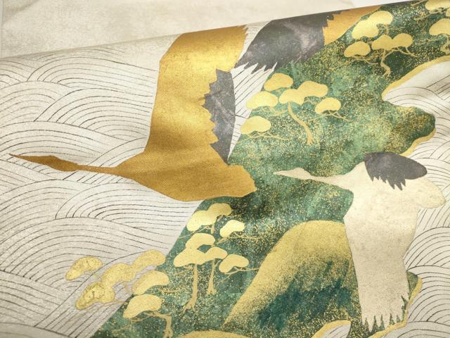 平和屋着物▼太鼓柄袋帯 流水飛鶴文 金彩 正絹 逸品 AABI3692wj