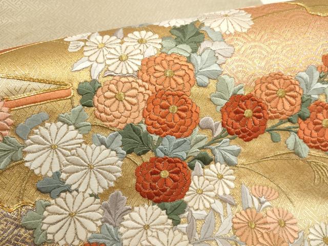平和屋着物▼総刺繍 袋帯 駒刺繍 草花文 金糸 正絹 逸品 AABI3695wj