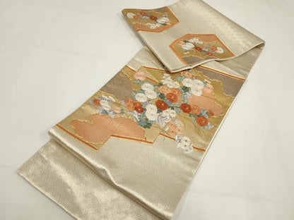 平和屋着物▼総刺繍 袋帯 駒刺繍 草花文 金糸 正絹 逸品 AABI3695wj