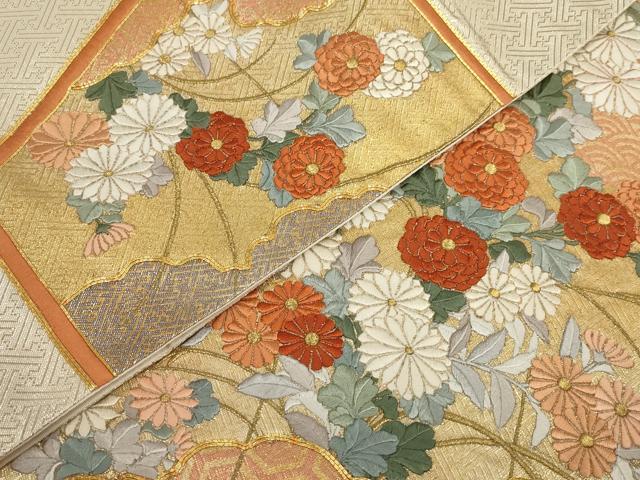 平和屋着物▼総刺繍 袋帯 駒刺繍 草花文 金糸 正絹 逸品 AABI3695wj