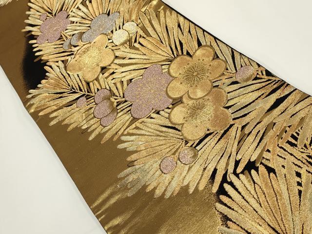 平和屋着物▼六通柄袋帯 梅 松葉 黒地 金糸 正絹 逸品 AABI3702wj