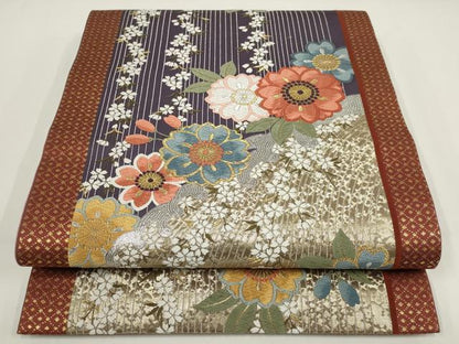 平和屋着物▼両面六通柄袋帯　唐織　草花文　金銀糸　正絹　逸品　AABI3714wj