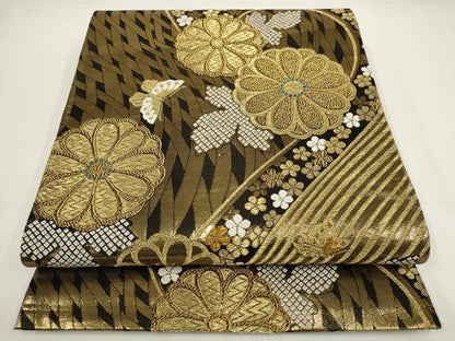平和屋着物▼六通柄袋帯　花蝶文　金糸　正絹　逸品　AABI3716wj