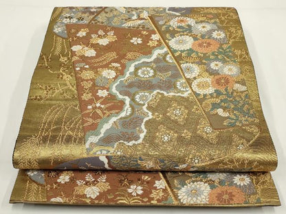 平和屋着物▼六通柄袋帯　花鳥文　金糸　正絹　逸品　AABI3718wj