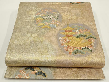 平和屋着物▼六通柄袋帯　京洛花絵巻　金糸　正絹　逸品　AABI3724wj