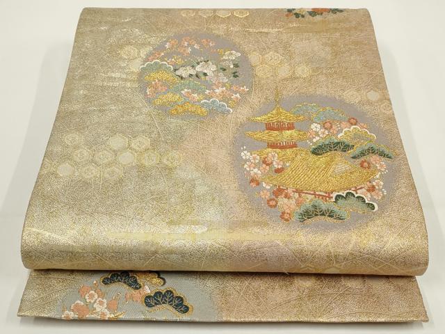 平和屋着物▼六通柄袋帯　京洛花絵巻　金糸　正絹　逸品　AABI3724wj