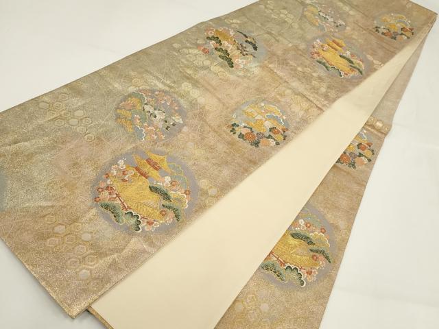 平和屋着物▼六通柄袋帯　京洛花絵巻　金糸　正絹　逸品　AABI3724wj