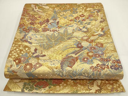 平和屋着物▼六通柄袋帯　御所宸殿　飛鶴花菱文　金糸　正絹　逸品　AABI3728wj