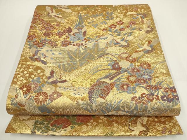 平和屋着物▼六通柄袋帯　御所宸殿　飛鶴花菱文　金糸　正絹　逸品　AABI3728wj