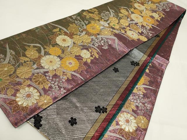 平和屋着物▼両面六通柄袋帯　草花文　金銀糸　正絹　逸品　AABI3729wj