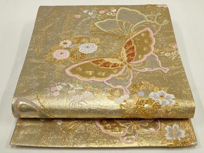 平和屋着物▼六通柄袋帯　花蝶文　金糸　正絹　逸品　AABI3730wj