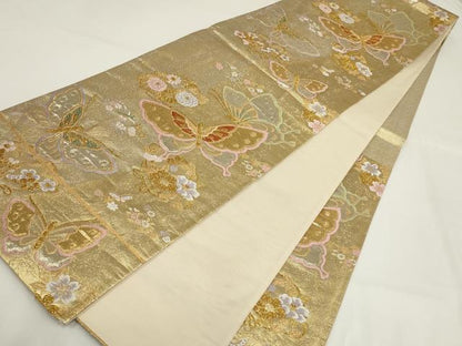 平和屋着物▼六通柄袋帯　花蝶文　金糸　正絹　逸品　AABI3730wj