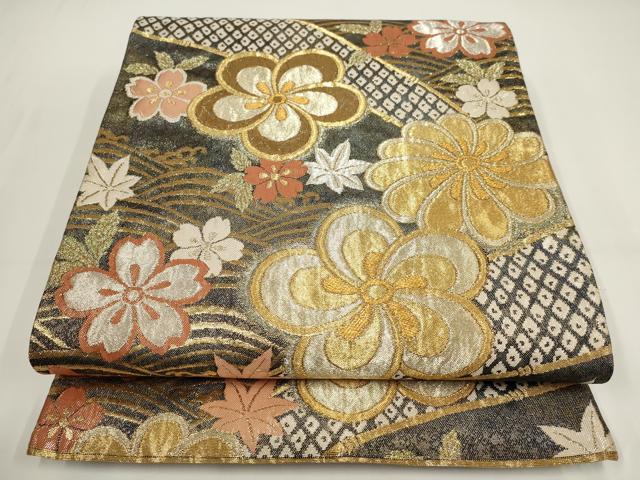 平和屋着物▼六通柄袋帯　流水花文　金糸　正絹　逸品　AABI3731wj