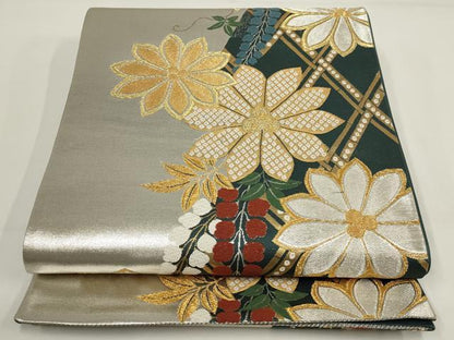 平和屋着物▼六通柄袋帯　草花文　金銀糸　正絹　逸品　AABI3739wj
