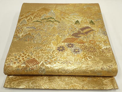 平和屋着物▼佐賀錦　六通柄袋帯　遠山風景文　金糸　正絹　逸品　AABI3742wj