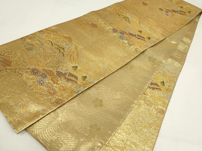 平和屋着物▼佐賀錦　六通柄袋帯　遠山風景文　金糸　正絹　逸品　AABI3742wj