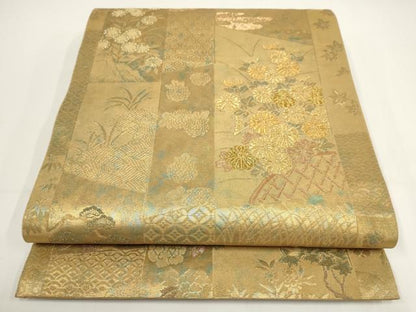 平和屋着物▼六通柄袋帯　青銅金唐織　色紙花文　金糸　引箔　正絹　逸品　AABI3743wj
