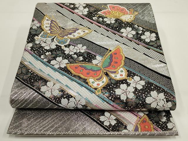 平和屋着物▼六通柄袋帯　花蝶文　金銀糸　正絹　逸品　AABI3745wj
