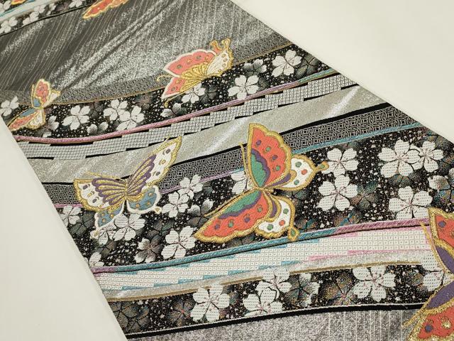 平和屋着物▼六通柄袋帯　花蝶文　金銀糸　正絹　逸品　AABI3745wj