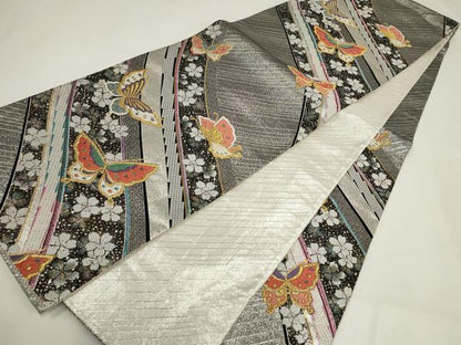 平和屋着物▼六通柄袋帯　花蝶文　金銀糸　正絹　逸品　AABI3745wj