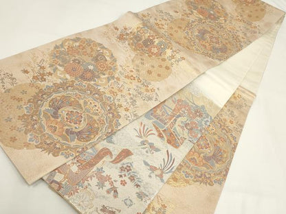 平和屋着物▼両面六通柄袋帯　皇和錦　鳳凰花丸文　金糸　正絹　逸品　AABI3746wj