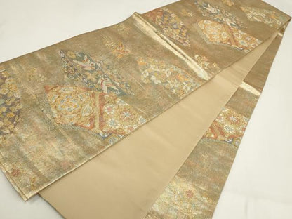 平和屋着物▼六通柄袋帯 地紙花鳥文 金銀糸 正絹 逸品 AABI3752wj