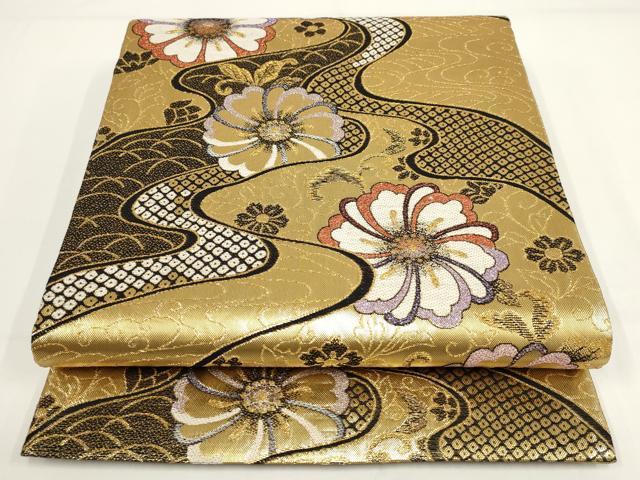 平和屋着物▼佐賀錦 両面六通柄袋帯 流水花文 金糸 正絹 逸品 AABI3753wj