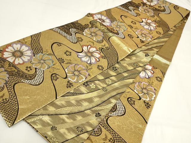 平和屋着物▼佐賀錦 両面六通柄袋帯 流水花文 金糸 正絹 逸品 AABI3753wj