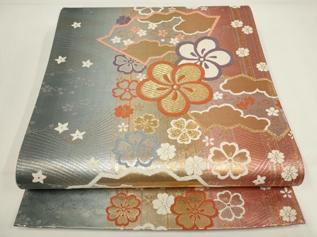 平和屋着物▼六通柄袋帯 地紙花文 金銀糸 正絹 逸品 AABI3756wj