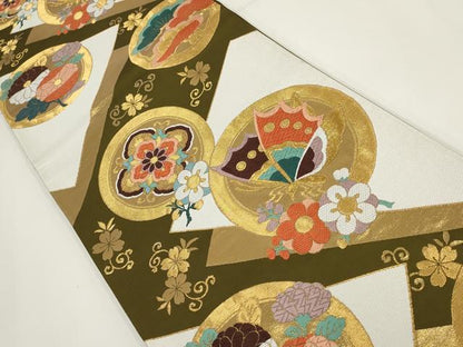 平和屋着物▼六通柄袋帯 唐織 花蝶丸文 金糸 正絹 逸品 AABI3758wj