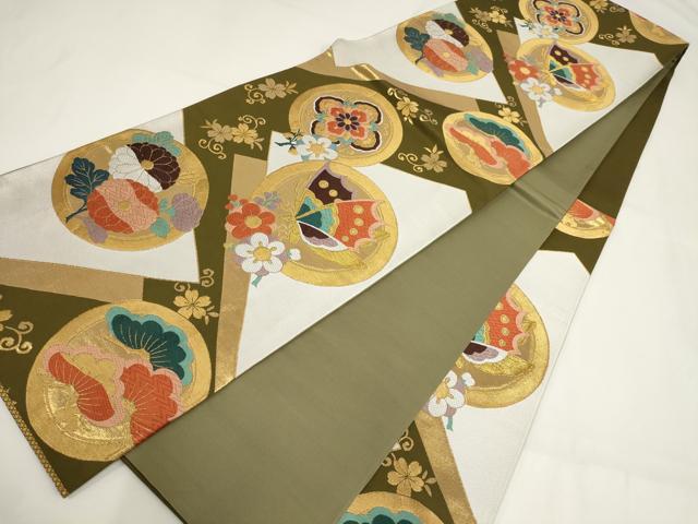 平和屋着物▽六通柄袋帯 唐織 花蝶丸文 金糸 正絹 逸品 AABI3758wj