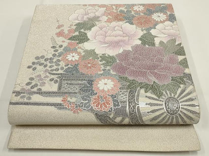 平和屋着物▼綴れ 太鼓柄袋帯 花車文 銀糸 銀彩 正絹 逸品 AABI3763wj