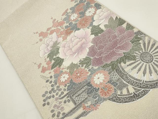 平和屋着物▼綴れ 太鼓柄袋帯 花車文 銀糸 銀彩 正絹 逸品 AABI3763wj