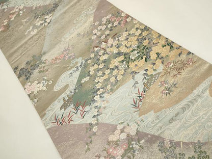 平和屋着物▼六通柄袋帯 遠山花鳥文 金糸 正絹 逸品 AABI3764wj