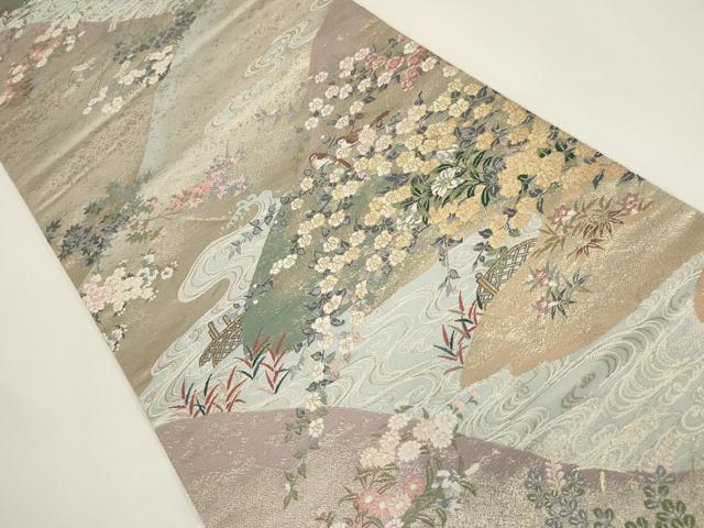 平和屋着物▼六通柄袋帯 遠山花鳥文 金糸 正絹 逸品 AABI3764wj