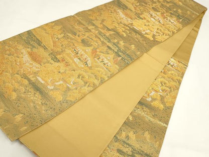 平和屋着物▼六通柄袋帯 飛鶴風景文 金銀糸 正絹 逸品 AABI3766wj
