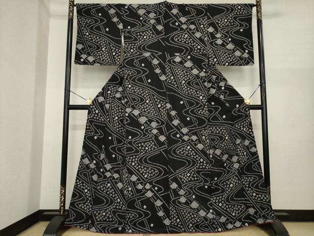 平和屋着物●上質な小紋　総絞り　流水文　黒地　正絹　逸品　AABI3778ck