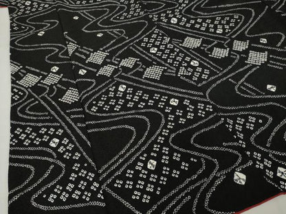 平和屋着物●上質な小紋　総絞り　流水文　黒地　正絹　逸品　AABI3778ck