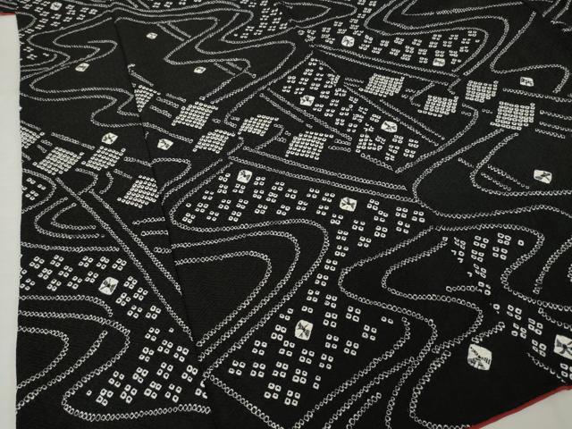 平和屋着物●上質な小紋　総絞り　流水文　黒地　正絹　逸品　AABI3778ck