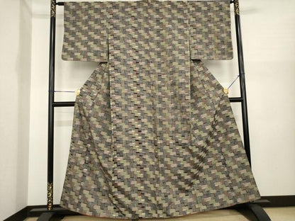 平和屋着物●上質な紬　幾何学文様　正絹　逸品　AABI3779ck