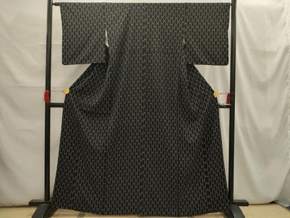 平和屋着物■小紋　網目文　黒地　洗える着物　AABI3802sx