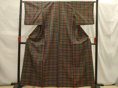 平和屋着物■上質な紬 格子 黒地 正絹 逸品 AABI3822sx