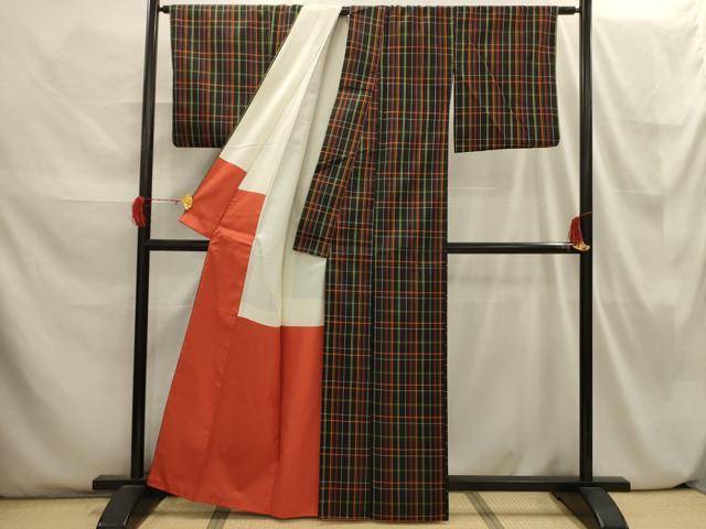 平和屋着物■上質な紬 格子 黒地 正絹 逸品 AABI3822sx
