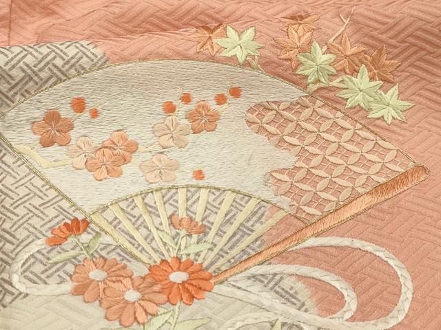 平和屋着物■訪問着 駒刺繍 絞り 流水扇面花文 正絹 逸品 AABI3825sx