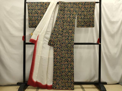 平和屋着物■上質な小紋 型染め 更紗花文 正絹 逸品 AABI3864sx