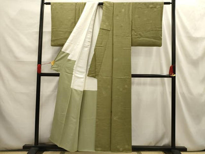 平和屋着物■上質な色無地 刺繍 流水草花地紋 根岸色 金糸 正絹 逸品 AABI3868sx