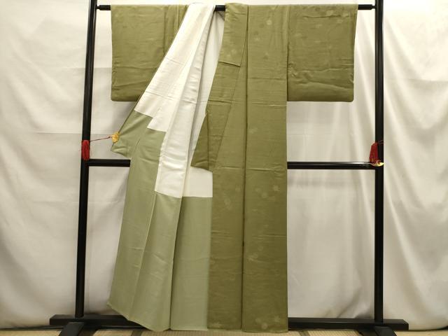 平和屋着物■上質な色無地 刺繍 流水草花地紋 根岸色 金糸 正絹 逸品 AABI3868sx