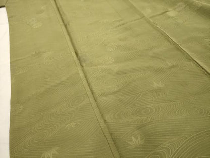 平和屋着物■上質な色無地 刺繍 流水草花地紋 根岸色 金糸 正絹 逸品 AABI3868sx
